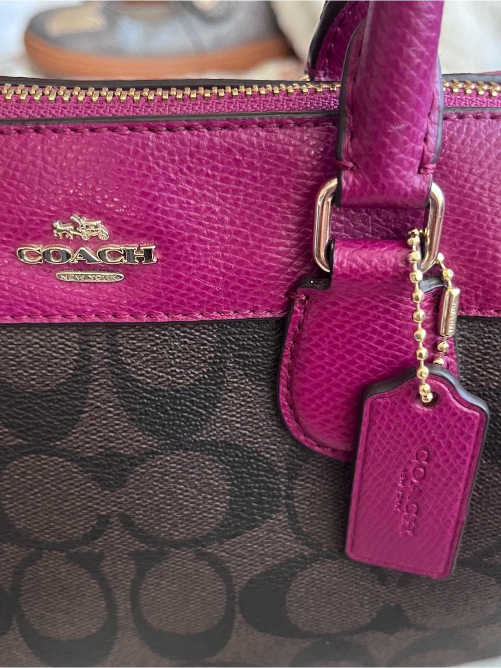 Coach Mini Bennet Brown Signature Satchel with Fuchsia Trim - Picture 6 of 8